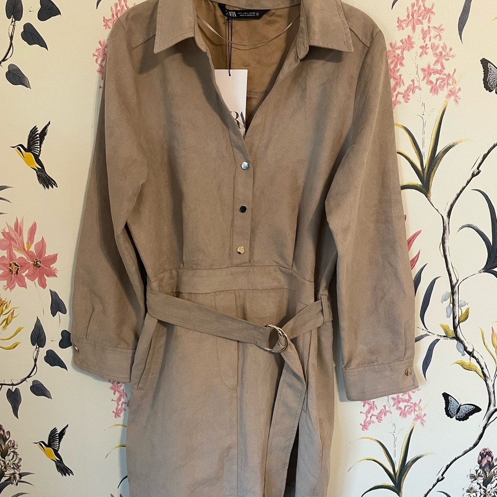 ZARA Tan Button-Up Belted Dress